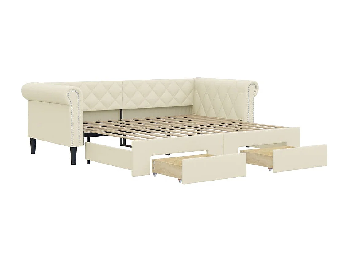Tagesbett Ausziehbar mit Schubladen Creme 90x200 cm Kunstleder