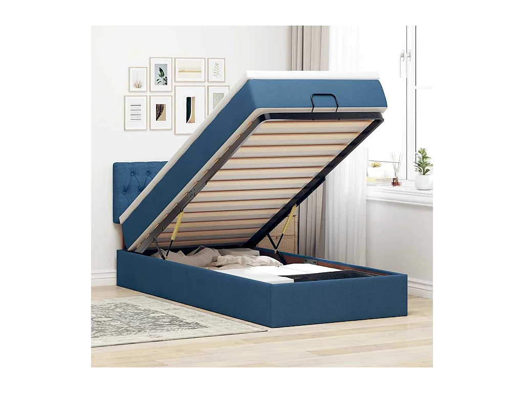 Lit ottoman avec matelas et LED Bleu 90x200 cm Tissu
