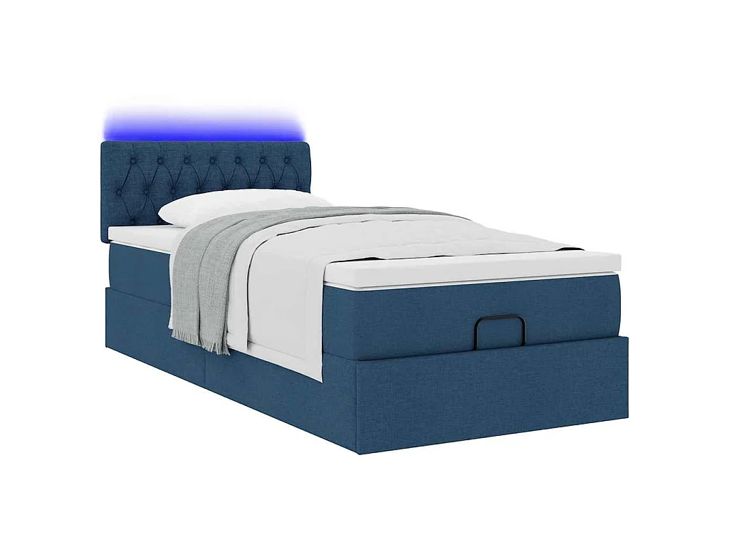 Pouf Letto con Materasso e LED Blu 90x200 cm in Tessuto