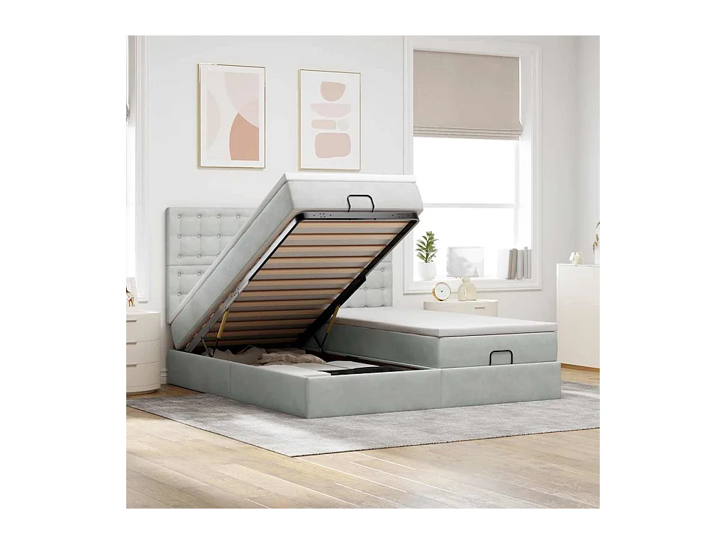 Ottoman-Bett mit Matratzen & LEDs Hellgrau 160x200 cm Samt