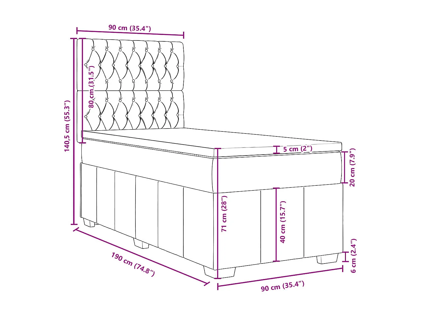 Cama box spring con colchón tela azul 90x190 cm