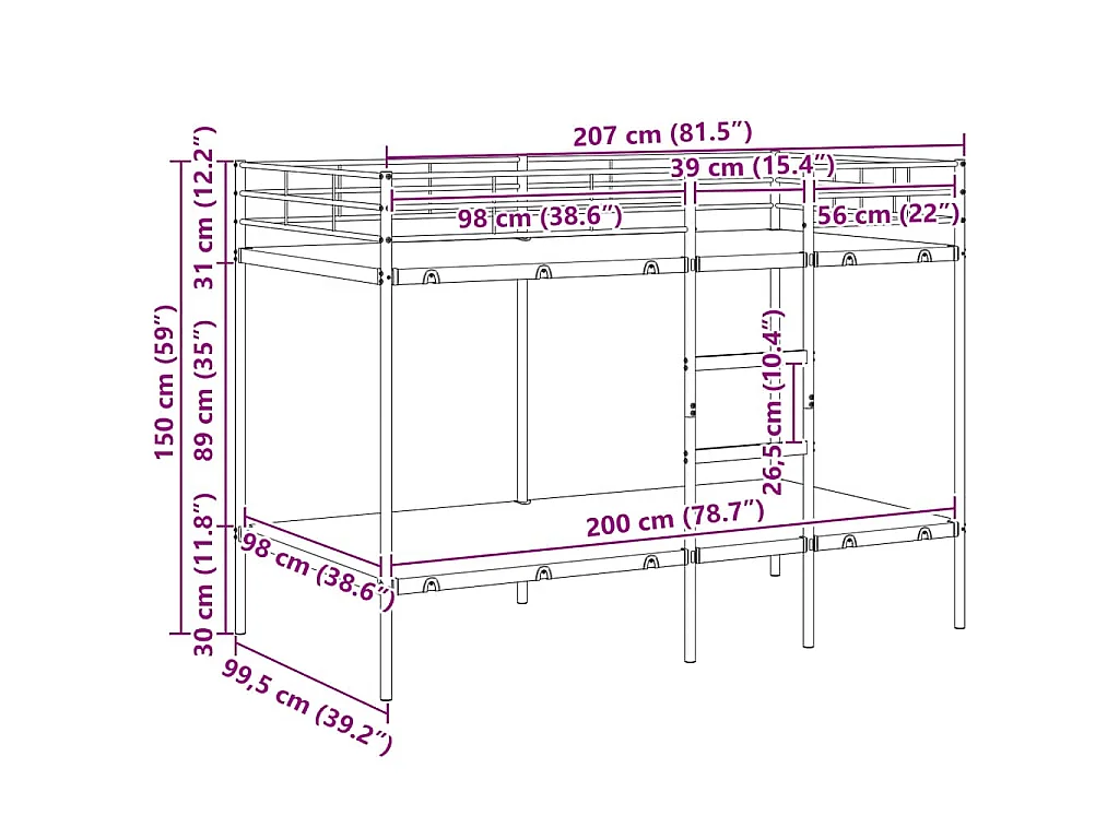 Lit superposé sans matelas blanc 100x200 cm acier