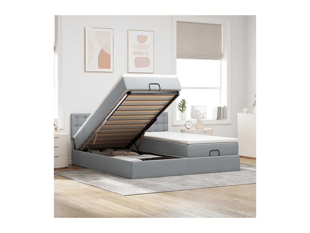 Cadre de lit ottoman et matelas gris clair 160x200cm tissu
