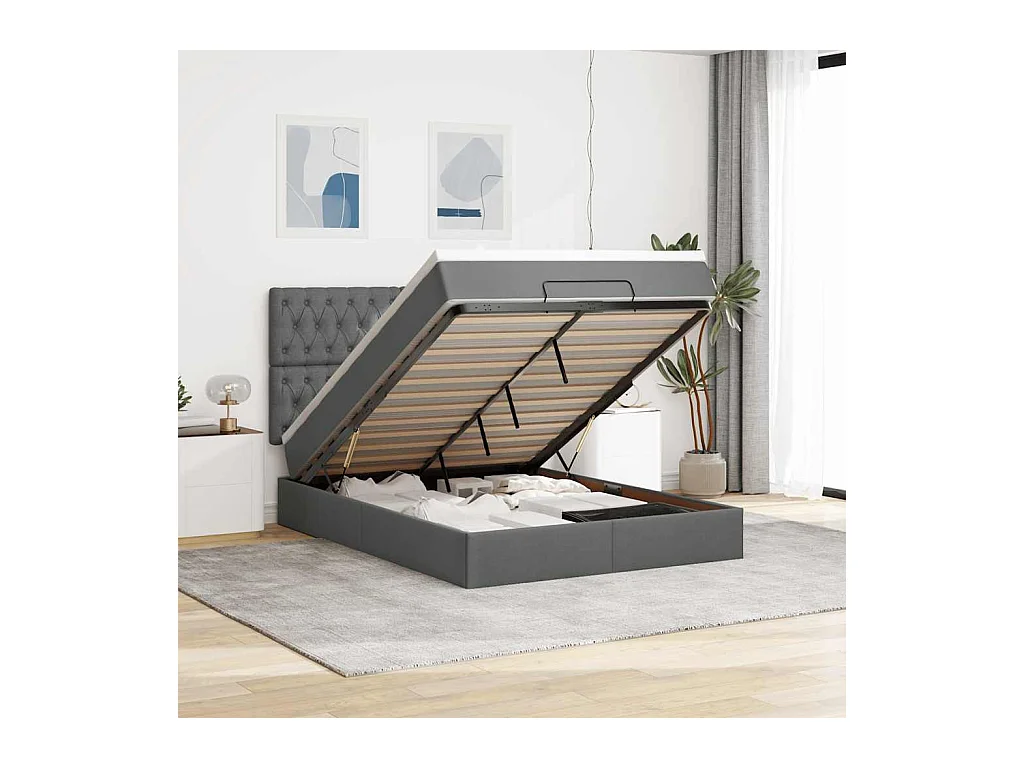 Cadre de lit ottoman avec matelas gris foncé 140x190 cm tissu