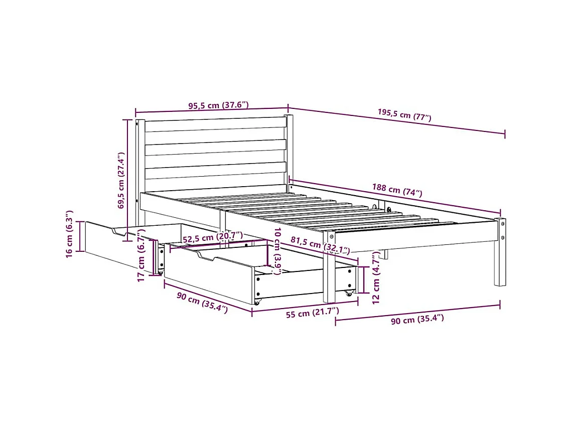 Cadre de lit sans matelas blanc 90x190 cm bois de pin massif
