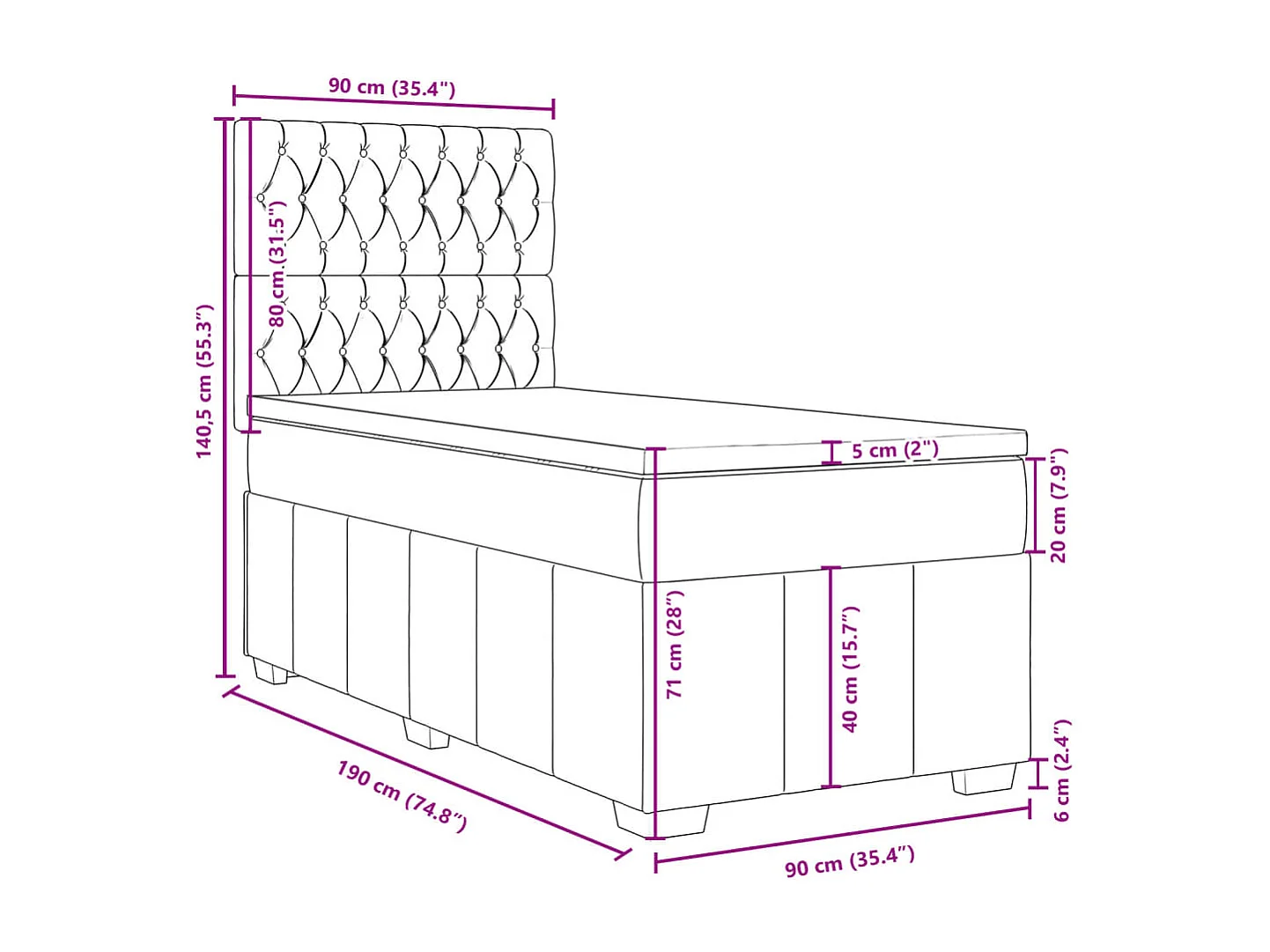 Boxspringbett mit Matratze Schwarz 90x190 cm Stoff