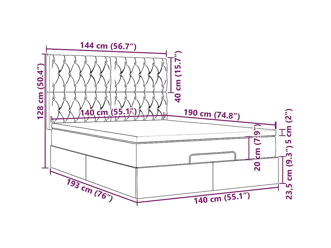 Cadre de lit ottoman et matelas gris clair 140x190 cm tissu
