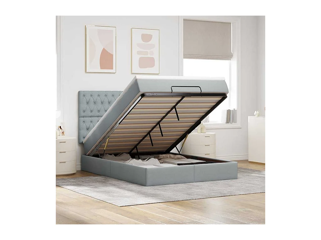 Cadre de lit ottoman et matelas gris clair 140x190 cm tissu