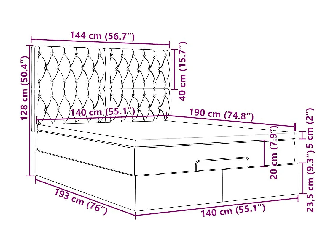 Cadre de lit ottoman et matelas gris clair 140x190 cm tissu