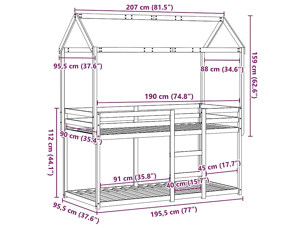 Lit superposé sans matelas 90x190 cm bois de pin massif