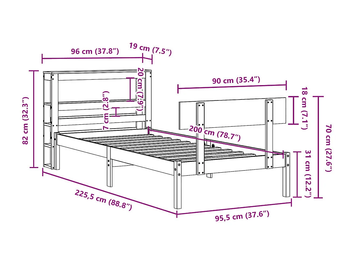 Estructura de cama sin colchón madera maciza de pino 90x200 cm