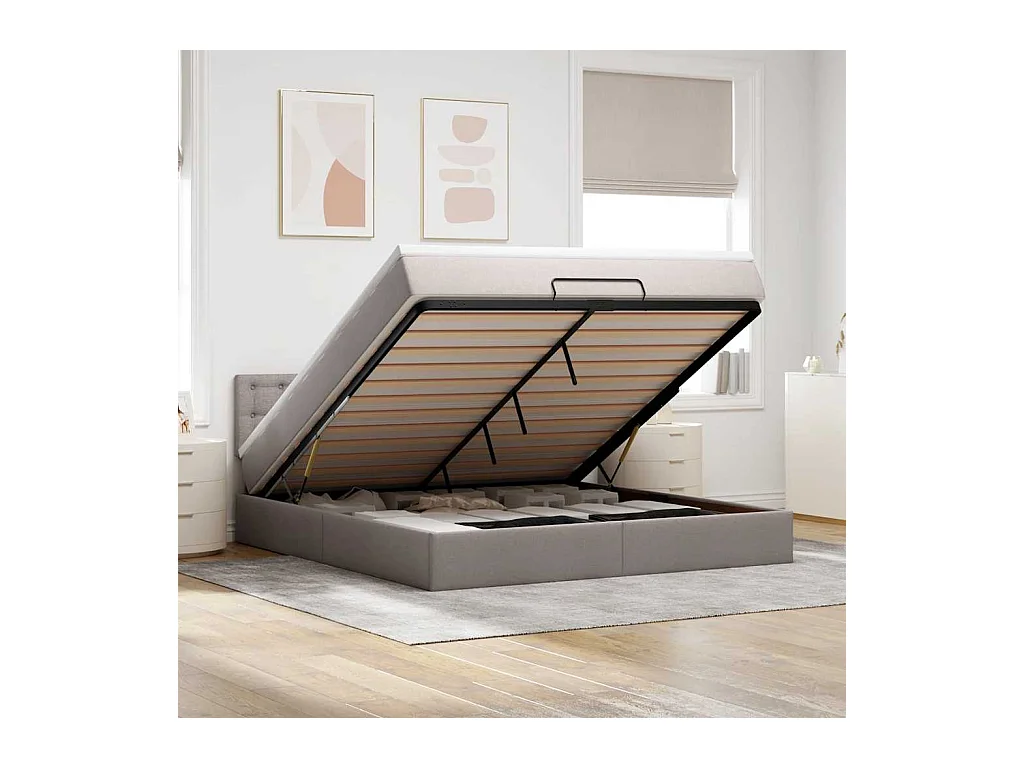 Cadre de lit ottoman avec matelas taupe 160x200 cm tissu