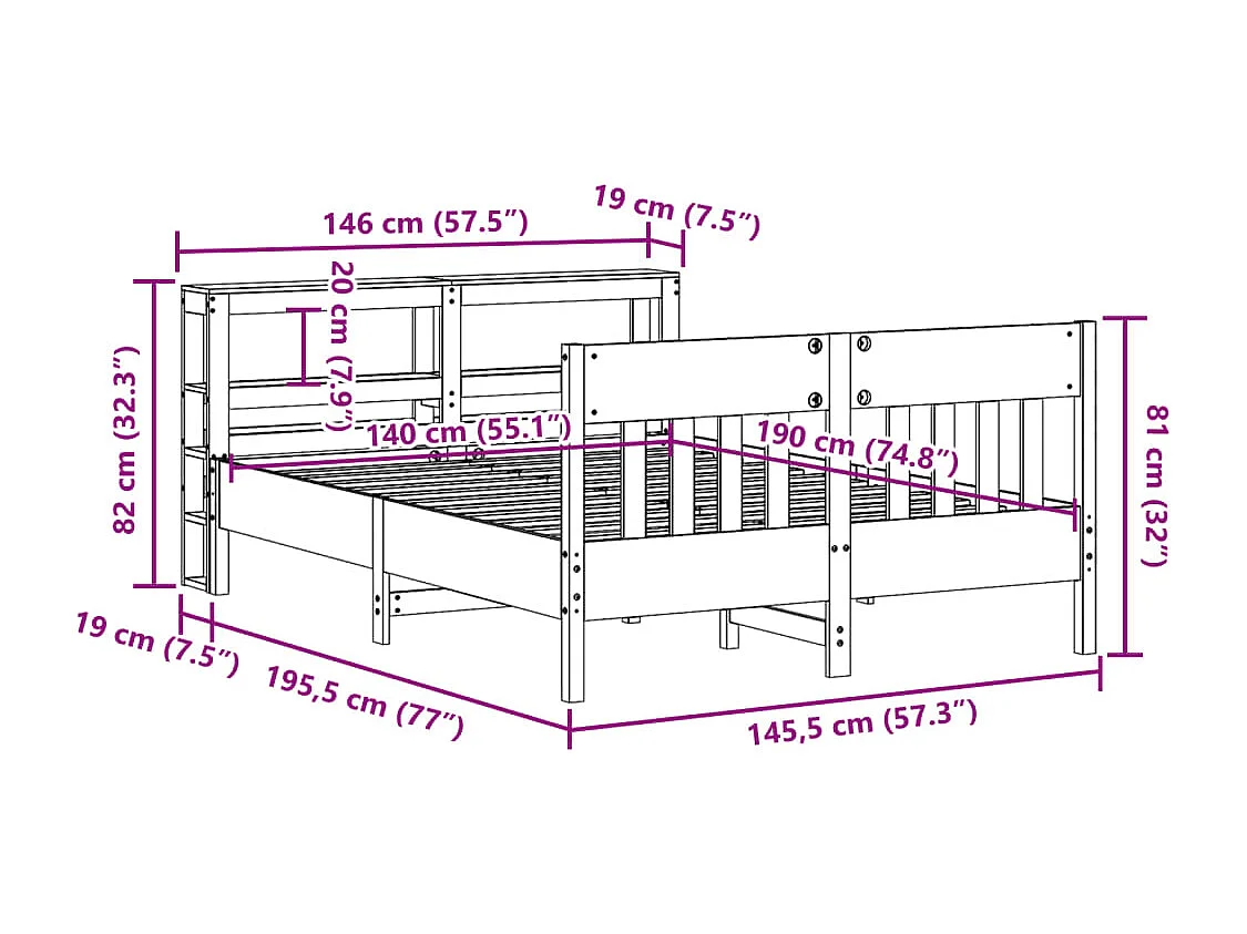 Bedframe zonder matras massief grenenhout wit 140x190 cm