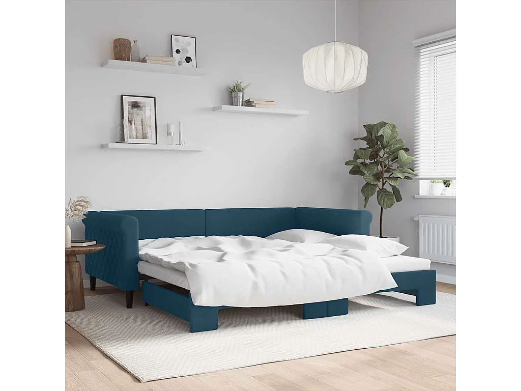 Divano Letto con Letto Estraibile Blu 100x200 cm in Velluto
