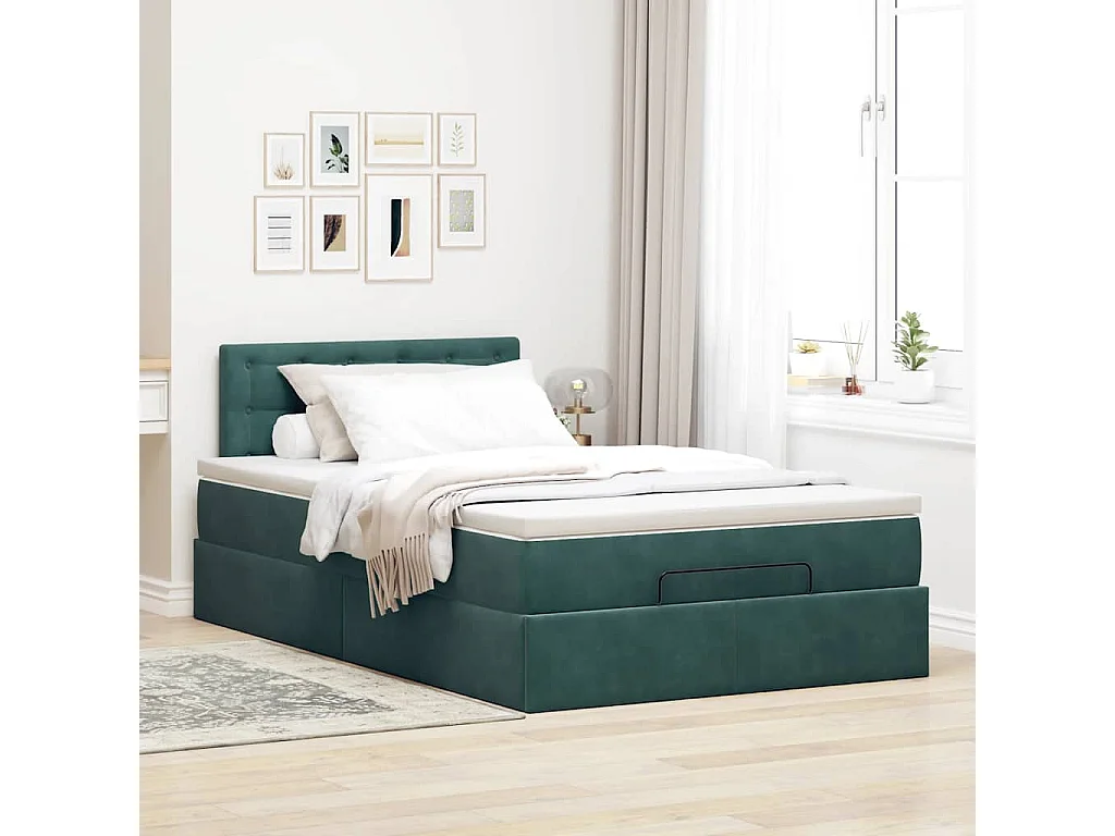 Cama otomana con colchón&LED terciopelo verde oscuro 120x190cm