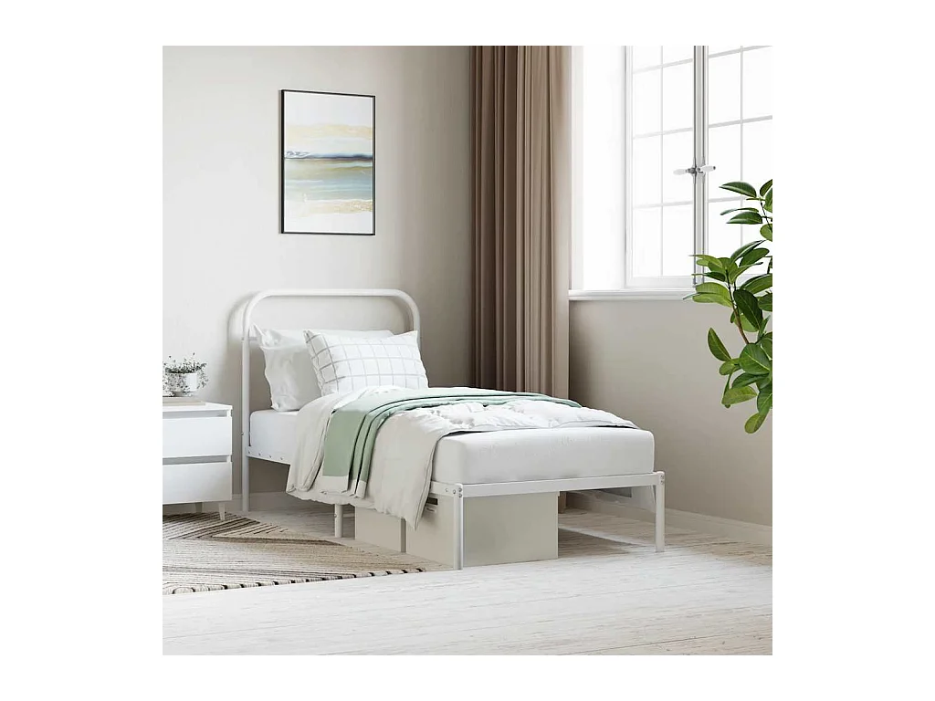 Cadre de lit métal sans matelas avec tête de lit blanc 90x190cm