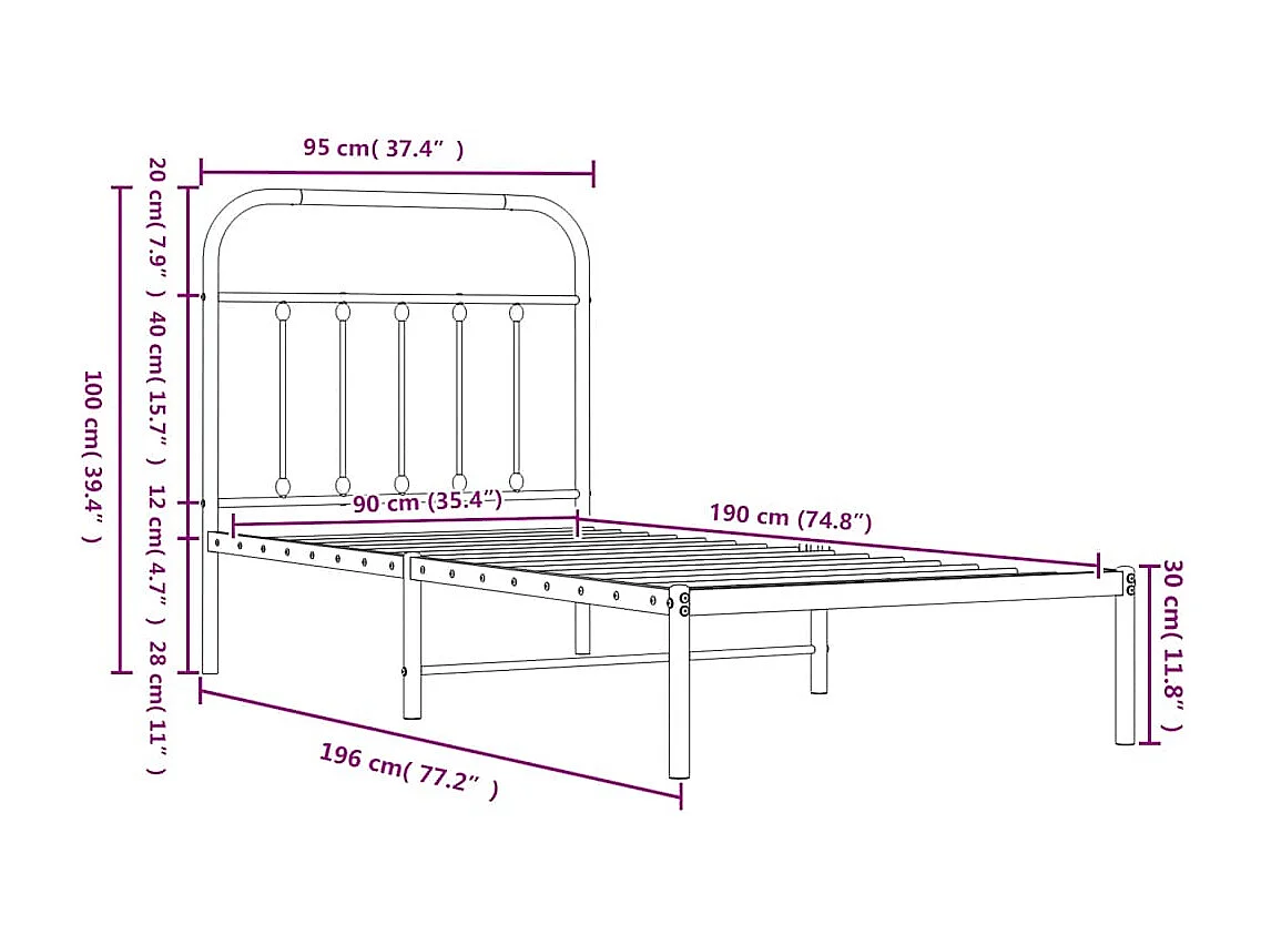 Bedframe met hoofdbord metaal wit 90x190 cm