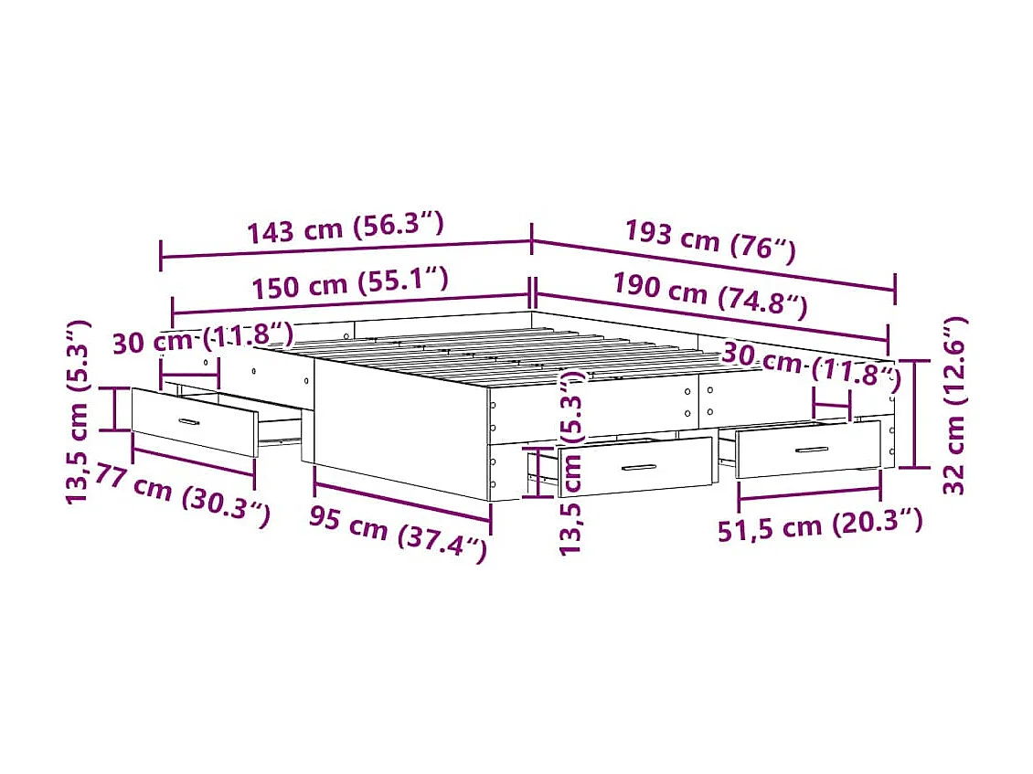 Bedframe met lade Zwart Eiken 140 x 190 cm Bewerkt hout