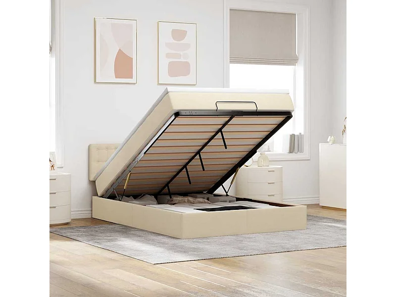 Pouf Letto con Materasso Crema 140x200 cm in Tessuto