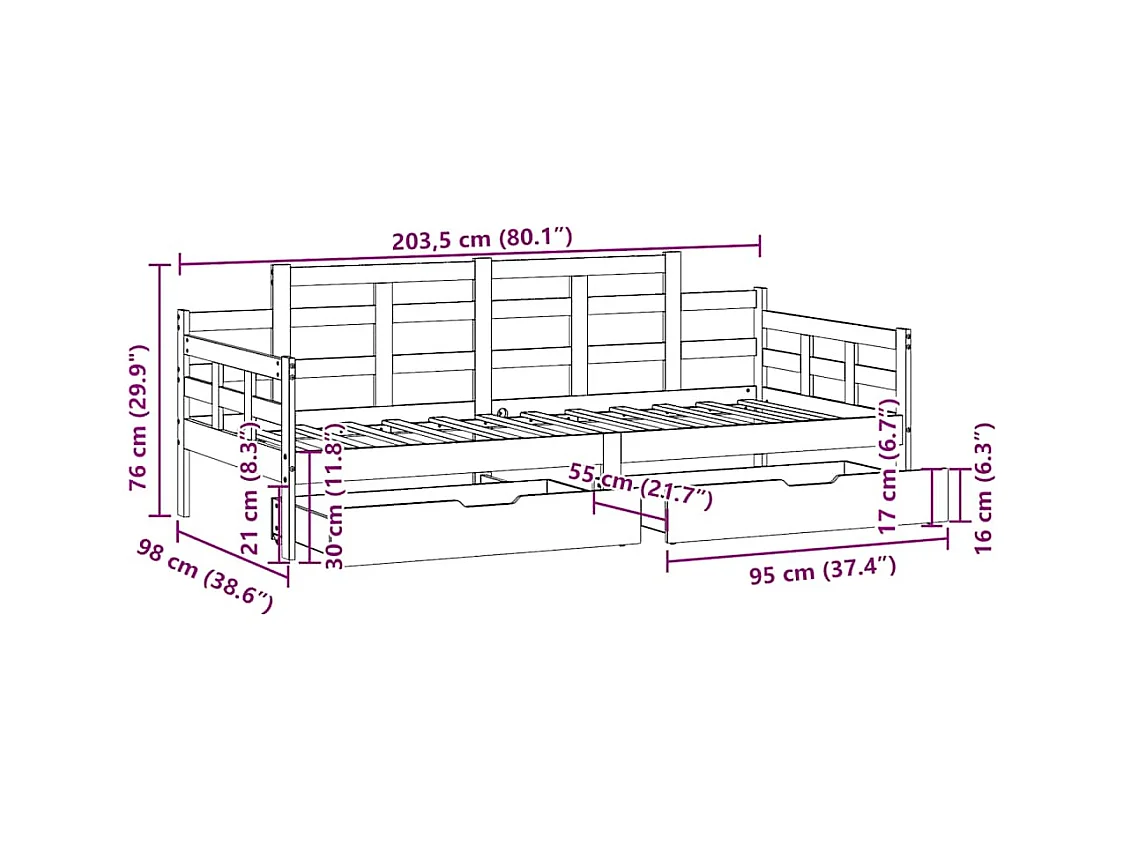 Lit de jour avec tiroirs sans matelas 90x200 cm bois massif