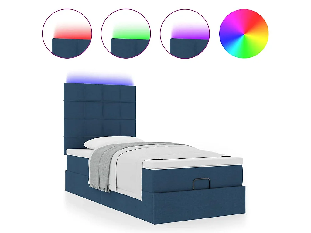 Cama otomana con colchón y luces LED azul 90x200 cm Tela