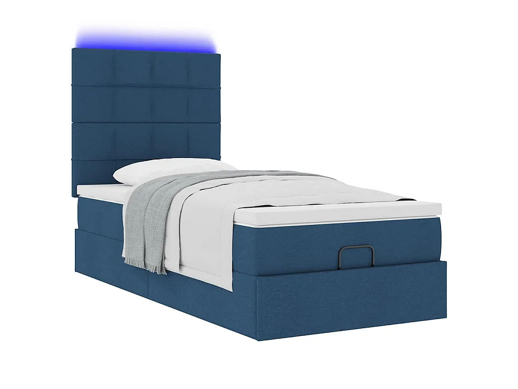 Cama otomana con colchón y luces LED azul 90x200 cm Tela