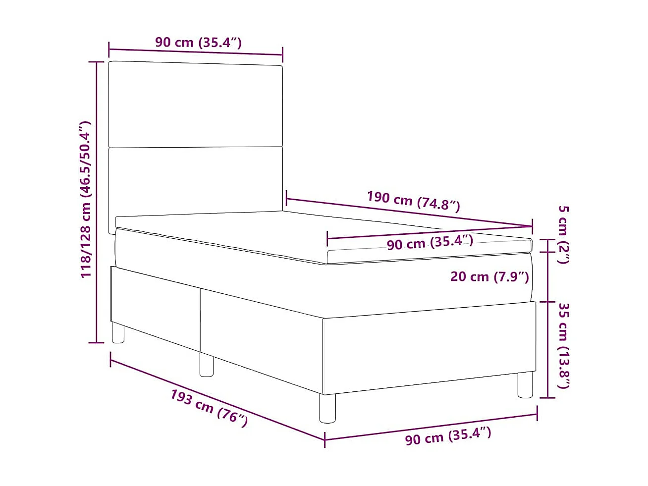 Boxspringbett Hellgrau und Weiß 90 x 190 cm Cordstoff