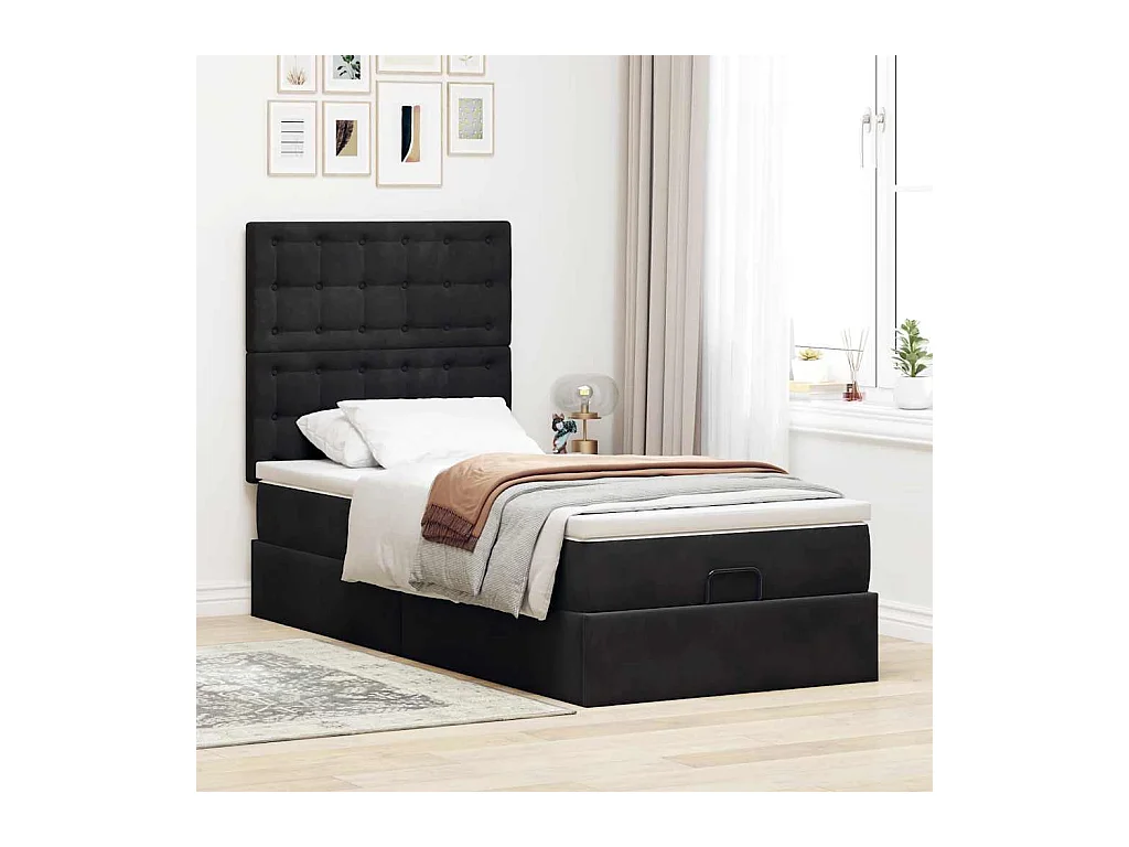 Ottoman-Bett mit Matratzen & LEDs Schwarz 90x190 cm Samt