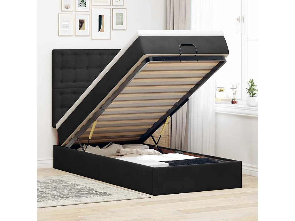 Ottoman-Bett mit Matratzen & LEDs Schwarz 90x190 cm Samt
