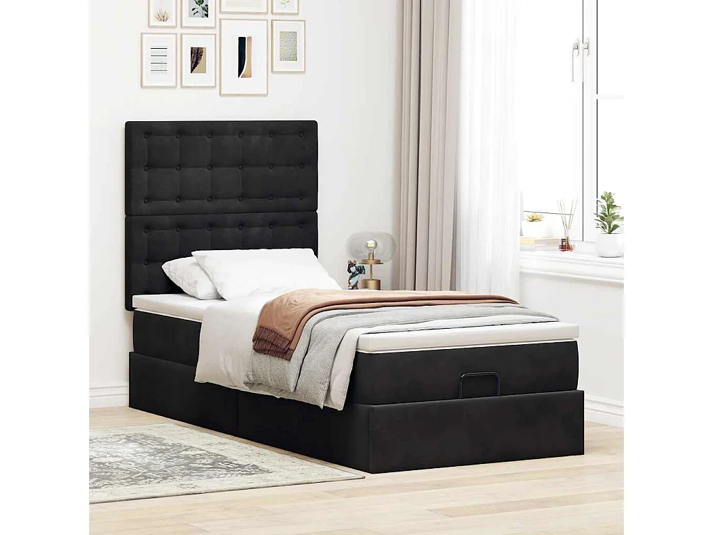 Ottoman-Bett mit Matratzen & LEDs Schwarz 90x190 cm Samt