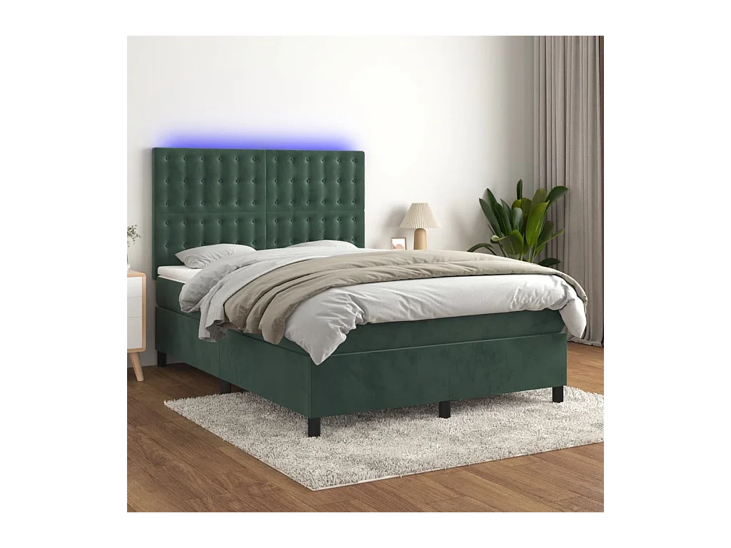 Letto a Molle con Materasso e LED Verde Scuro 140x190cm Velluto