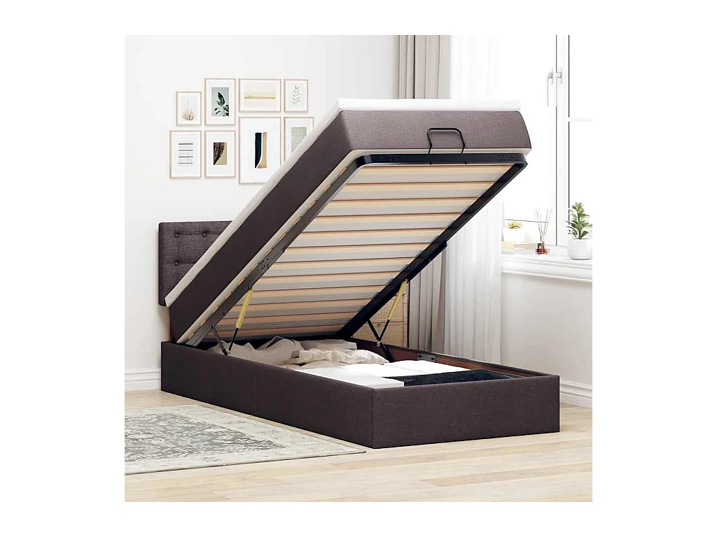 Cadre de lit ottoman avec matelas marron foncé 90x190 cm tissu