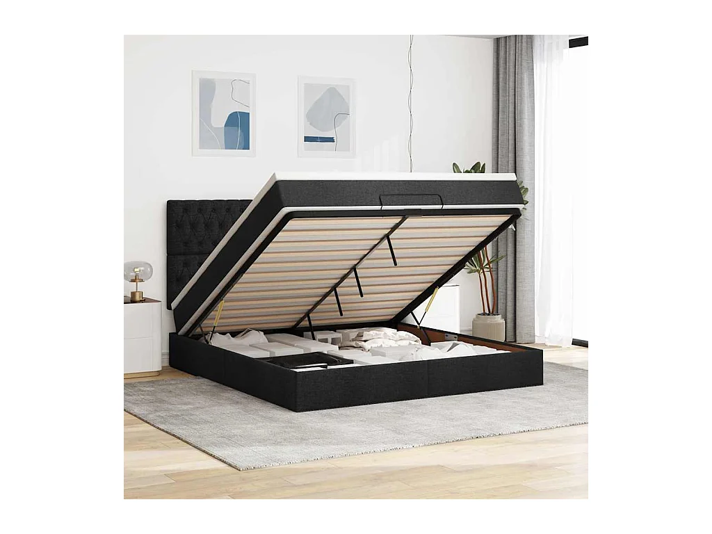 Ottoman-Bett mit Matratze & LEDs Schwarz 180x200 cm Stoff