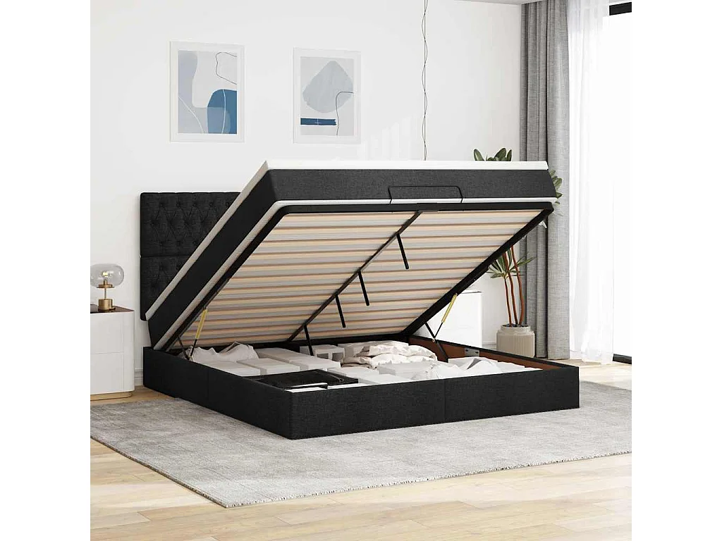 Ottoman-Bett mit Matratze & LEDs Schwarz 180x200 cm Stoff