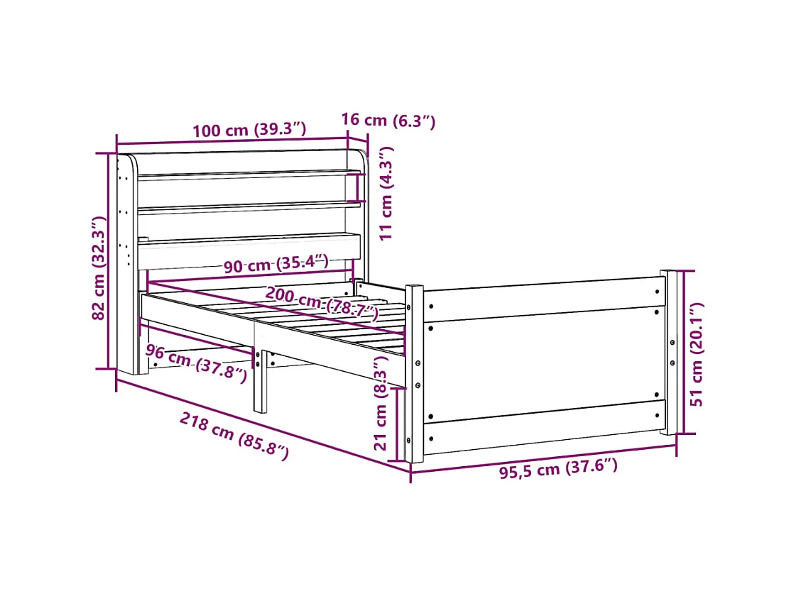 Cadre de lit avec tête de lit sans matelas 90x200 cm
