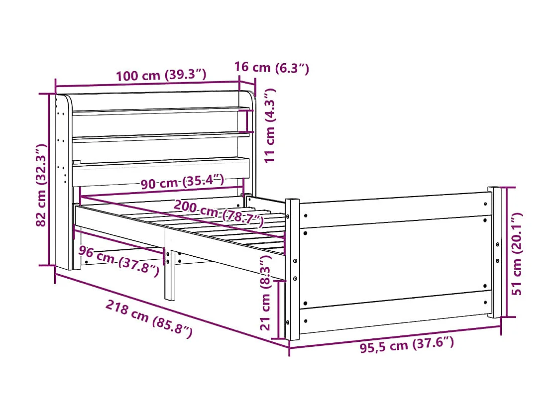 Bettgestell mit Kopfteil ohne Matratze 90x200 cm