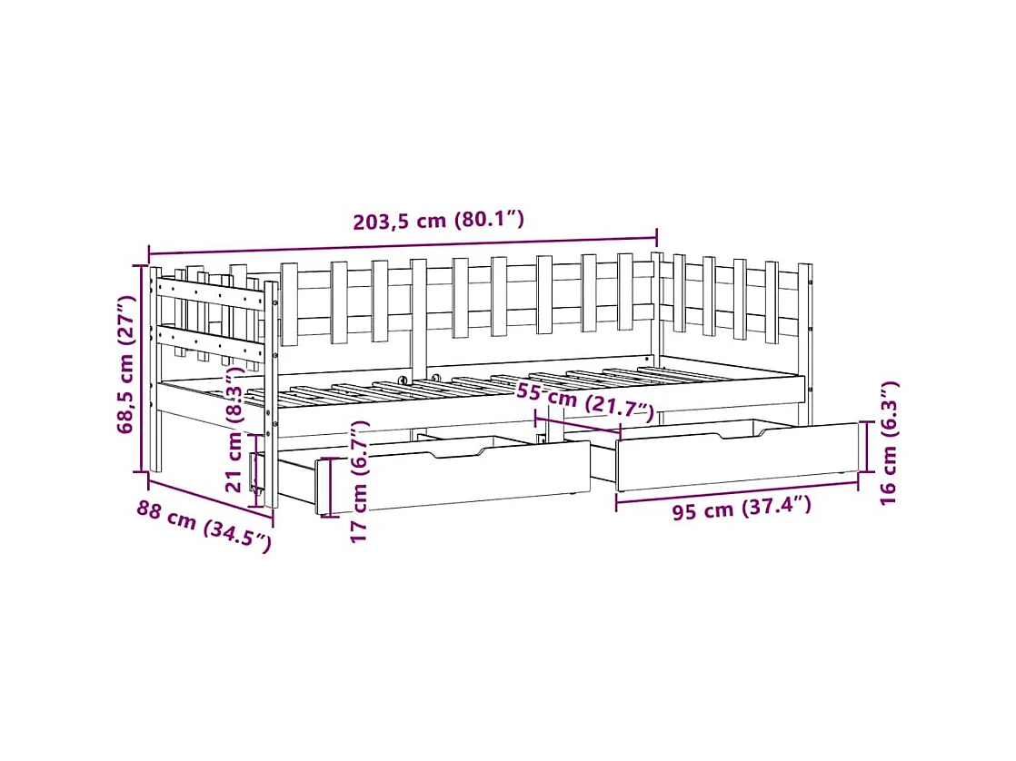 Lit de jour et tiroirs sans matelas blanc 90x200 cm bois massif