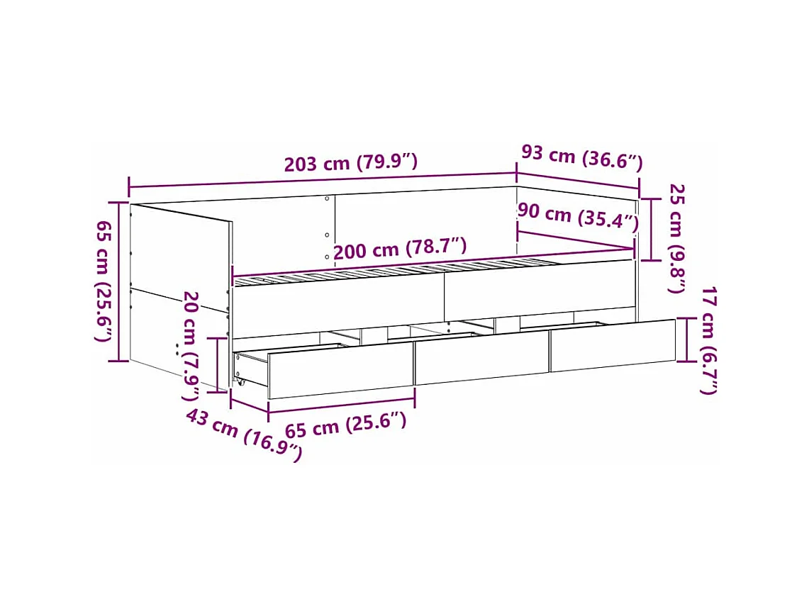 Struttura di daybed con cassetti rovere artigianale 90 x 200 cm