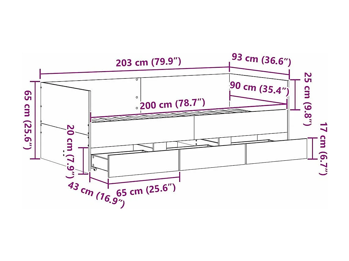 Lit d'appoint Chêne artisanal 90 x 200 cm Bois d'ingénierie