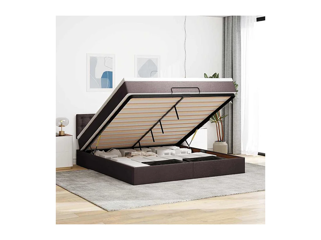 Pouf Letto con Materasso e LED Marrone Scuro 180x200cm Tessuto