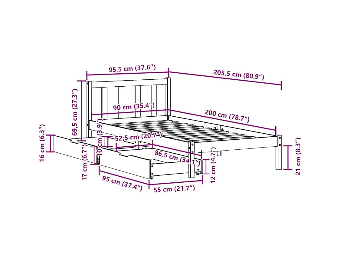 Cadre de lit sans matelas blanc 90x200 cm bois de pin massif