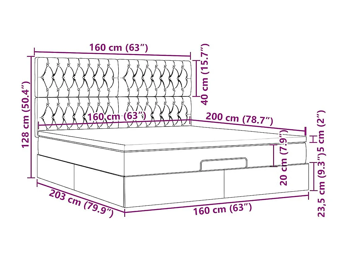 Cadre de lit ottoman et matelas gris clair 160x200cm velours