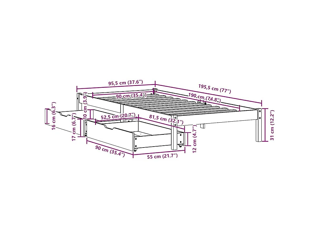 Estructura de cama sin colchón madera maciza de pino 90x190 cm