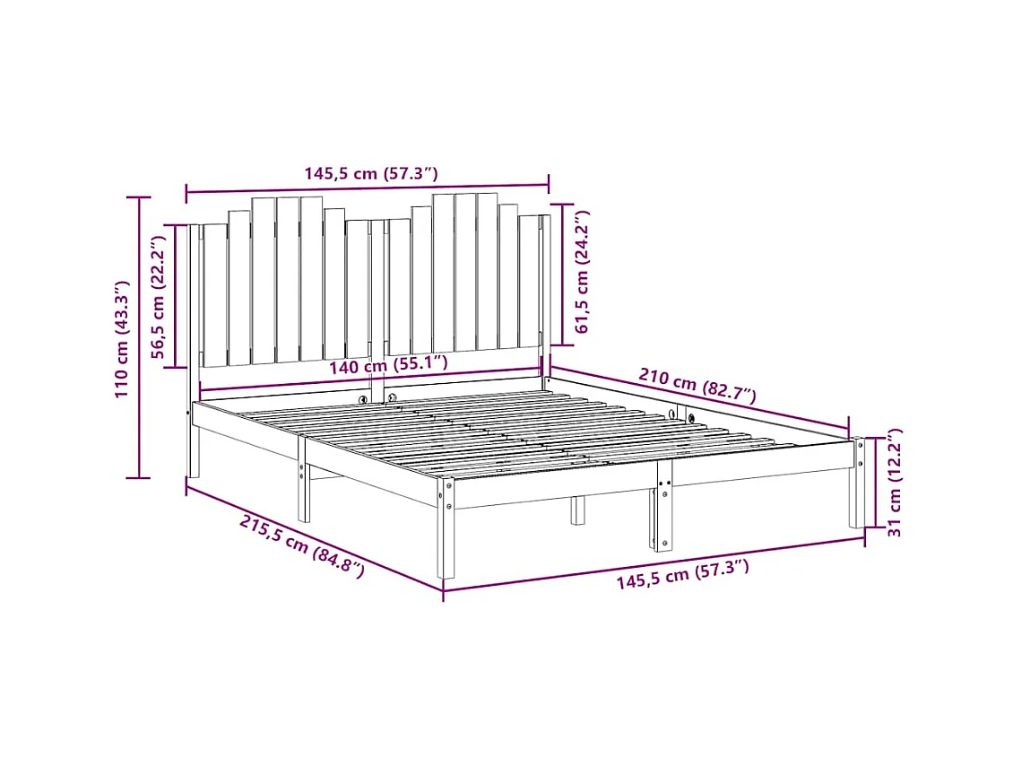 Cama extralarga sin colchón madera maciza 140x210 cm