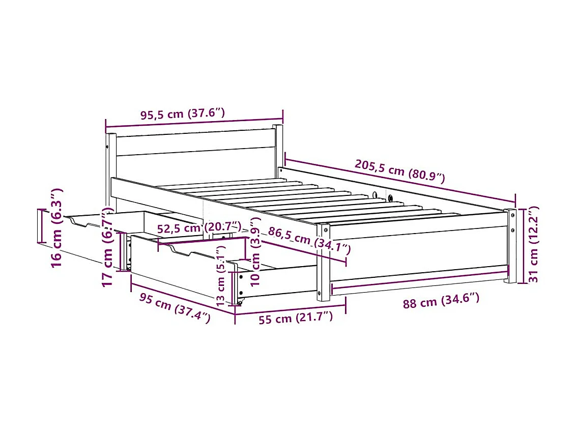 Cadre de lit sans matelas blanc 90x200 cm bois de pin massif