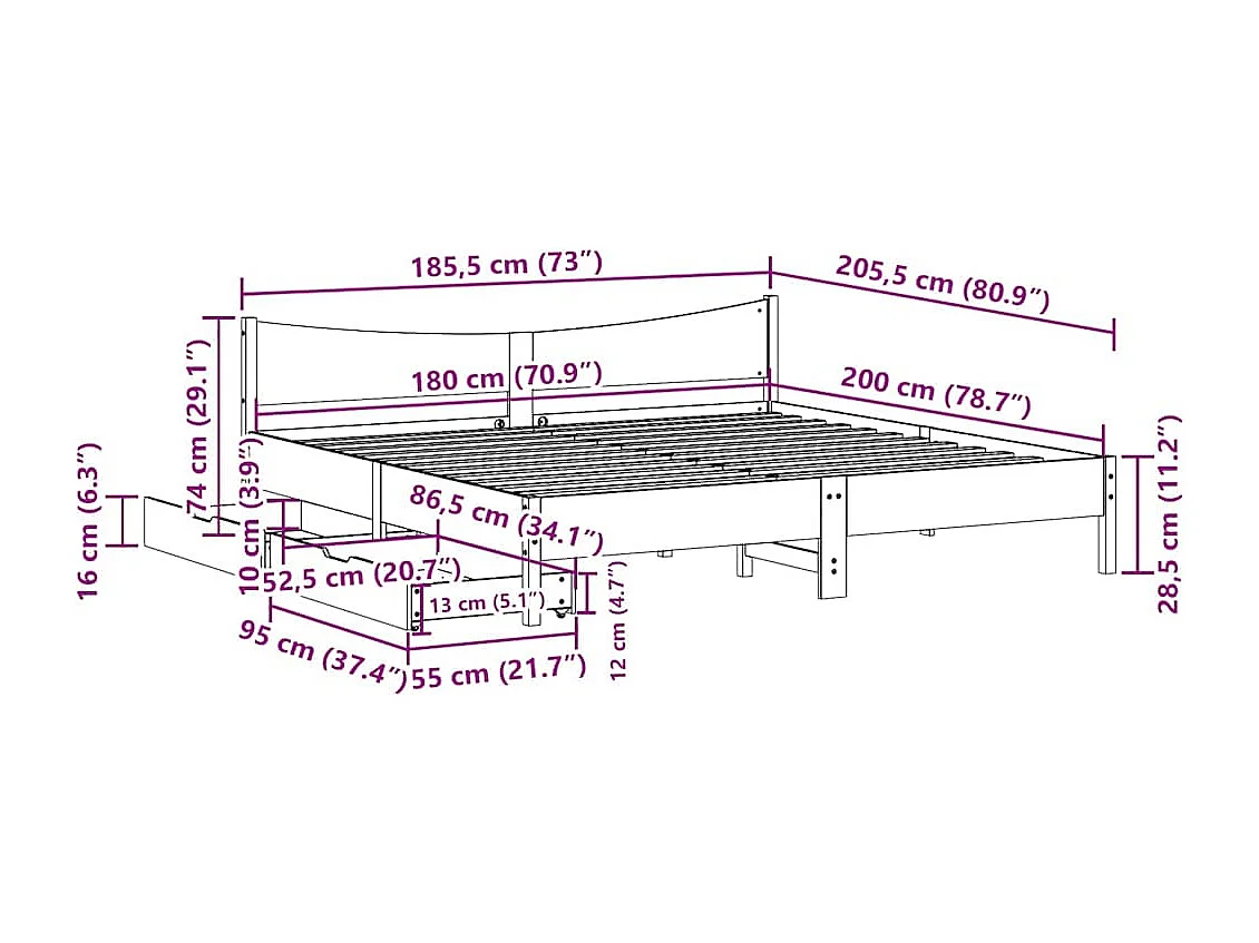 Cadre de lit avec tiroirs cire marron 180x200cm bois pin massif