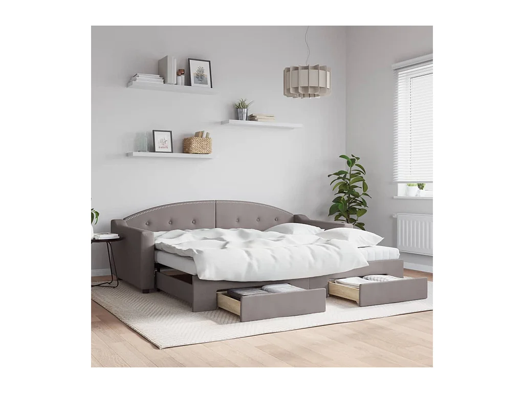 Lit de jour avec gigogne et tiroirs taupe 90x200 cm tissu
