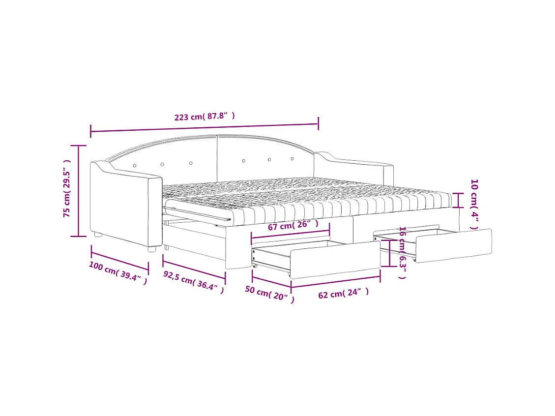 Lit de jour avec gigogne et tiroirs taupe 90x200 cm tissu