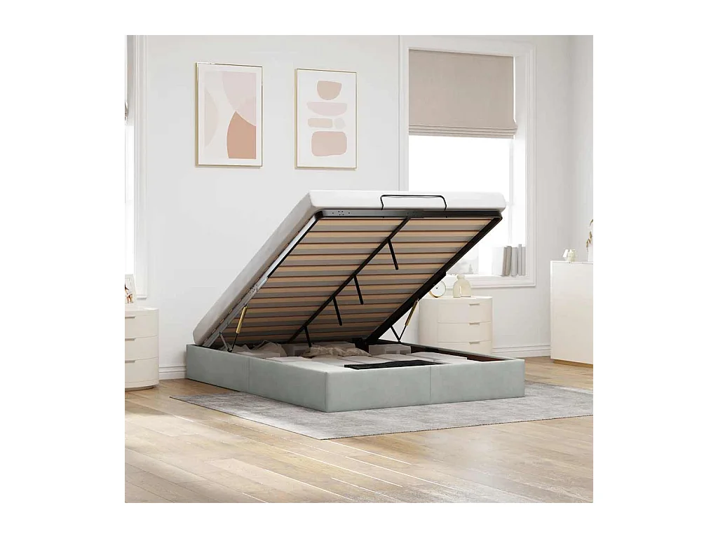 Cadre de lit ottoman sans matelas gris clair 140x190 cm velours