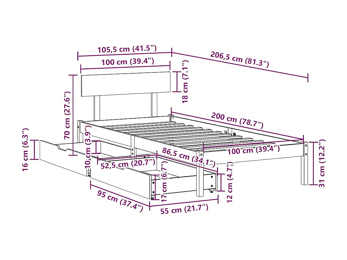 Cadre de lit sans matelas blanc 100x200 cm bois de pin massif